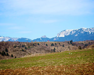 Open plains with a small house on a hill with snowy mountains in the background.