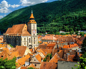 Beautiful Romanian village surrounded by trees in the valley of a mountain.