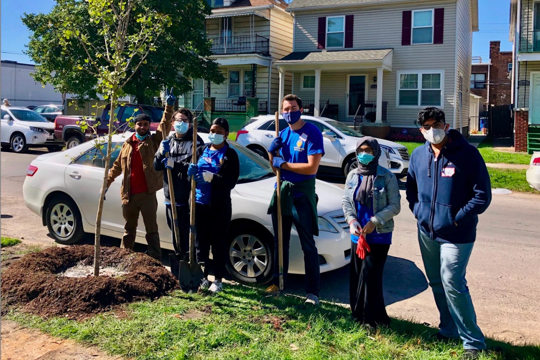 volunteers gather around new tree