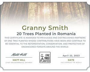 Certificate awarded to Granny Smith for planting 20 trees in Romania.