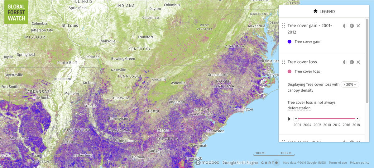 Map of deforestation in the Appalachia